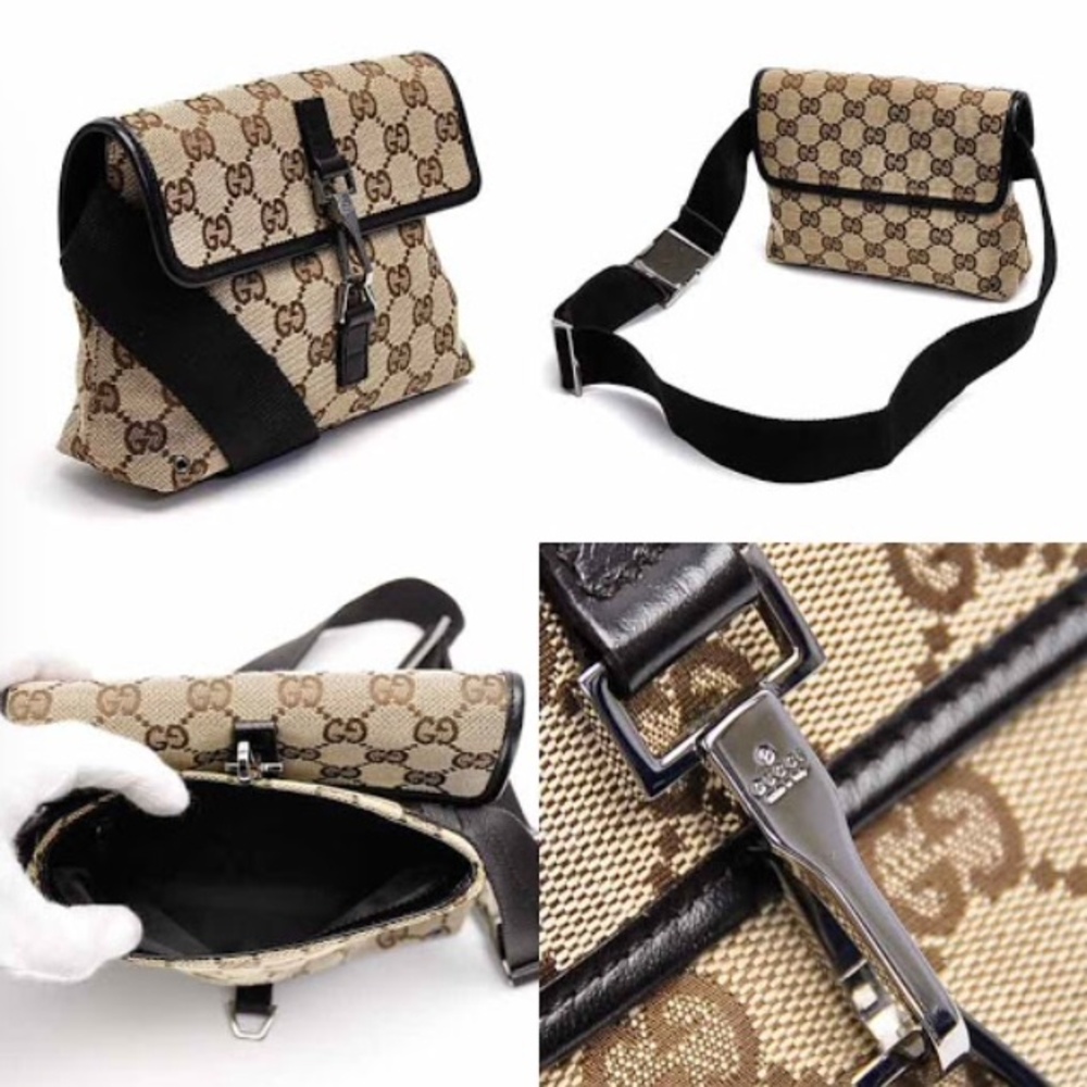 Authentic Gucci Canvas flight belt bag with dark brown leather trim